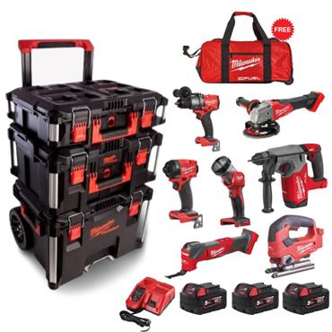 Milwaukee Packout 7 Piece Kit with Roller Bag (3x5ah) 