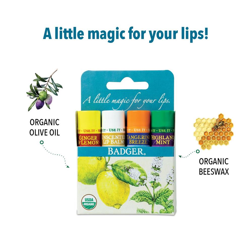 Badger Balm Lip Balm Gift Set Tangerine, Ginger, Mint, and Unscented