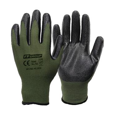 41202 F.F. Group Nitrile Palm Coated Gloves With Poltrueter Knitting, 9/L, (Army Green/Black)
