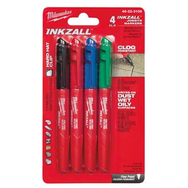 48223106 Milwaukee FINE TIP COLOUR MARKER SET: BLACK, RED, BLUE AND GREEN -4PCS