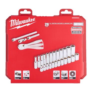 4932464943 Milwaukee 1/4 Drive Ratchet & Socket Set Metric - 28 pcs
