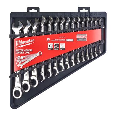 4932464994 Milwaukee Ratcheting Metric Comb. Spanner Set - 15 pcs