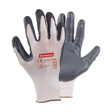77296 Benman White Nylon Gloves, Knitted Lining, Grey Nitrile (Nbr) Palm Coated, 10''/Xl