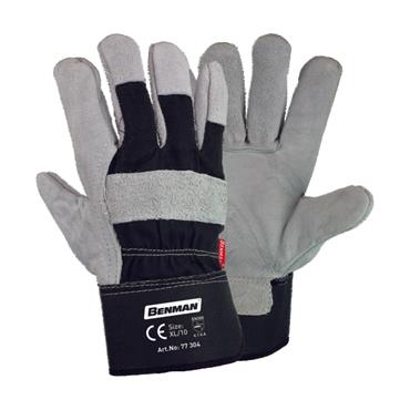 77304 Benman Grey Cow Split Leather Gloves, Index Finger, Dark Grey Cotton, Rubberized Cuff, 10.5''