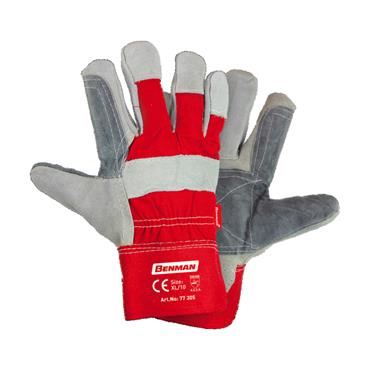 77305 Benman Gloves, Cow Leather, Reinforced Palm, Red Fabric Back, Rubberized Cuff, 10,5''