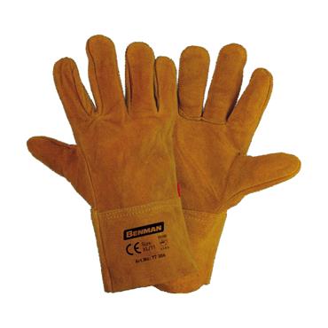 77306 Benman Yellow Cow Split Leather Gloves, Wing Thump, Cuff Outside Sewing, 11''