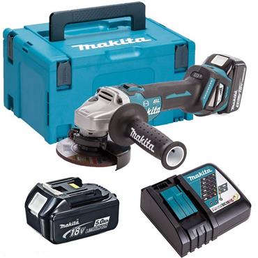 DGA463RTJ Makita Brushless Angle Grinder 115mm Slide Switch with 2x 5.0Ah batts and DC18RC charger