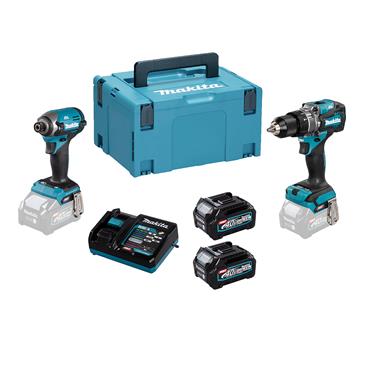 DK0176G205 Makita 40V MAX XGT Combo Kit: Combi Drill, Impact Driver, BL4025 X2, DC40RA, MAKPAC.
