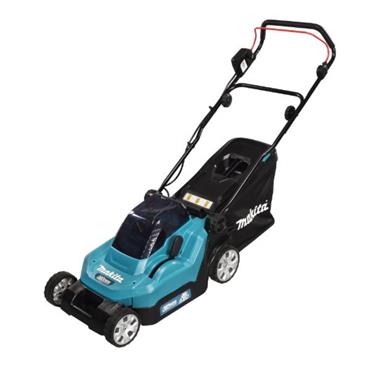 DLM382PT2 Makita Twin 18V Lawn Mower 38cm with 2x 5.0Ah batteries and DC18SH Twin Port charger