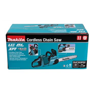 DUC353PG2 Makita Twin 18V Brushless Chainsaw (35cm)  2x 6.0Ah batteries & DC18RD Twin Port charger.
