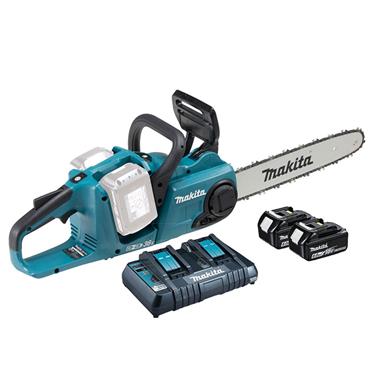 DUC353PG2 Makita Twin 18V Brushless Chainsaw (35cm)  2x 6.0Ah batteries & DC18RD Twin Port charger.
