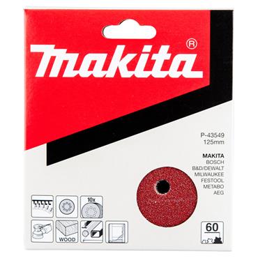 P-43549 Makita Velcro Red Abrasive Disc 125mm Punched 60G 10 Pack