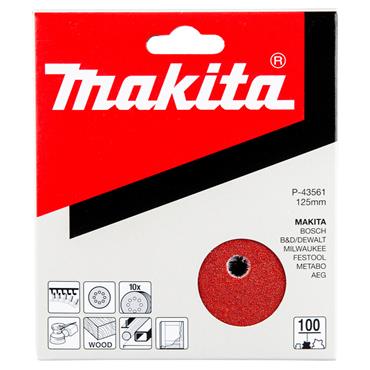 P-43561 Makita Velcro Red Abrasive Disc 125mm Punched 100G 10 Pack
