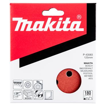 P-43583 Makita Velcro Red Abrasive Disc 125mm Punched 180G 10 Pack