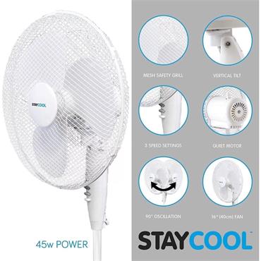 Staycool 16" Pedestal Fan With 3 Speed Settings Oscillation White