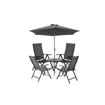 Serra Complete Dining Set with 4 Reclining Chairs, Table and Parasol