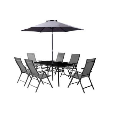 Serra Complete Dining Set with 6 Reclining Chairs, Table and Parasol