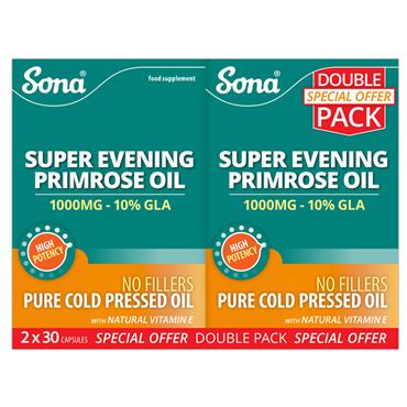 SONA EVENING PRIMROSE OIL 1000MGTWIN PACK NATURAL VITAMIN E 10% GLA CONTENT 30 X