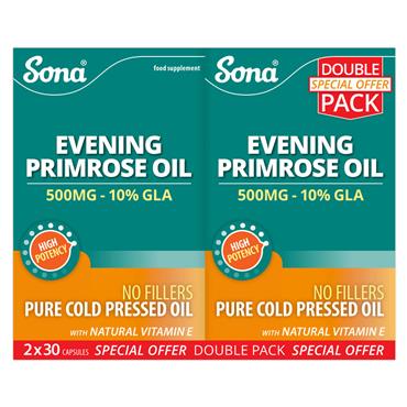 SONA EVENING PRIMROSE OIL 1000MGTWIN PACK NATURAL VITAMIN E 10% GLA CONTENT 30 X