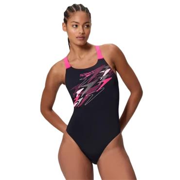 SPEEDO WOMENS MEDLEY LOGO MEDALIST SWIMSUIT - Black/Pink